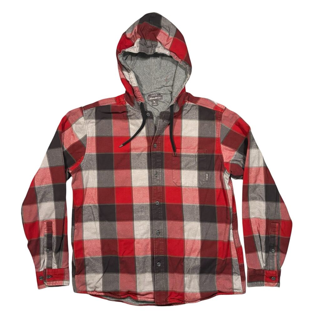 Eddie Bauer Classic Fit Red Gray Plaid Flannel Hooded Button Shacket Mens Large